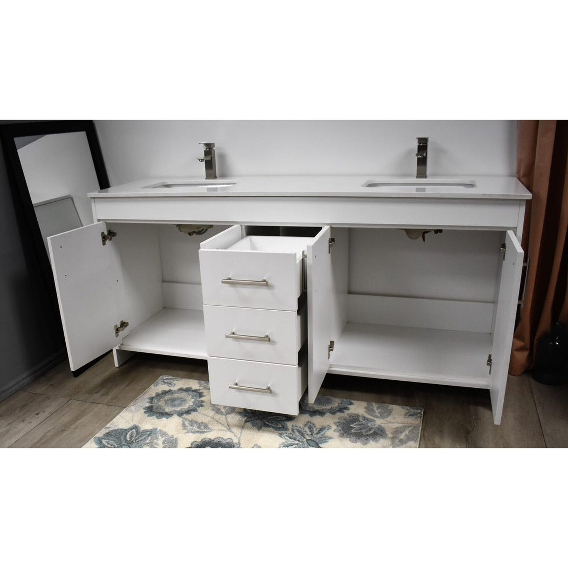 Volpa USA Capri 60" x 22" White Freestanding Modern Bathroom Vanity With Undermount Double Sink And White Microstone Top With Brushed Nickel Edge Handles
