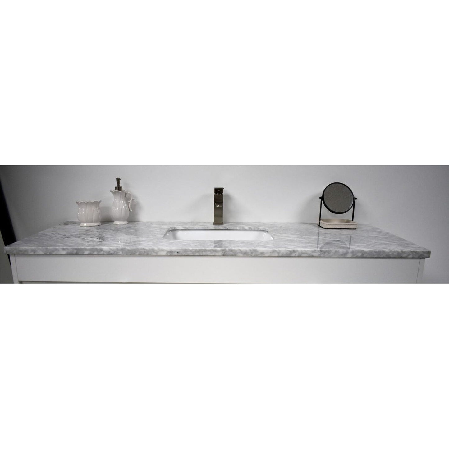 Volpa USA Capri 60" x 22" White Freestanding Modern Bathroom Vanity With Undermount Single Sink and Carrara Marble Top With Brushed Nickel Edge Handles