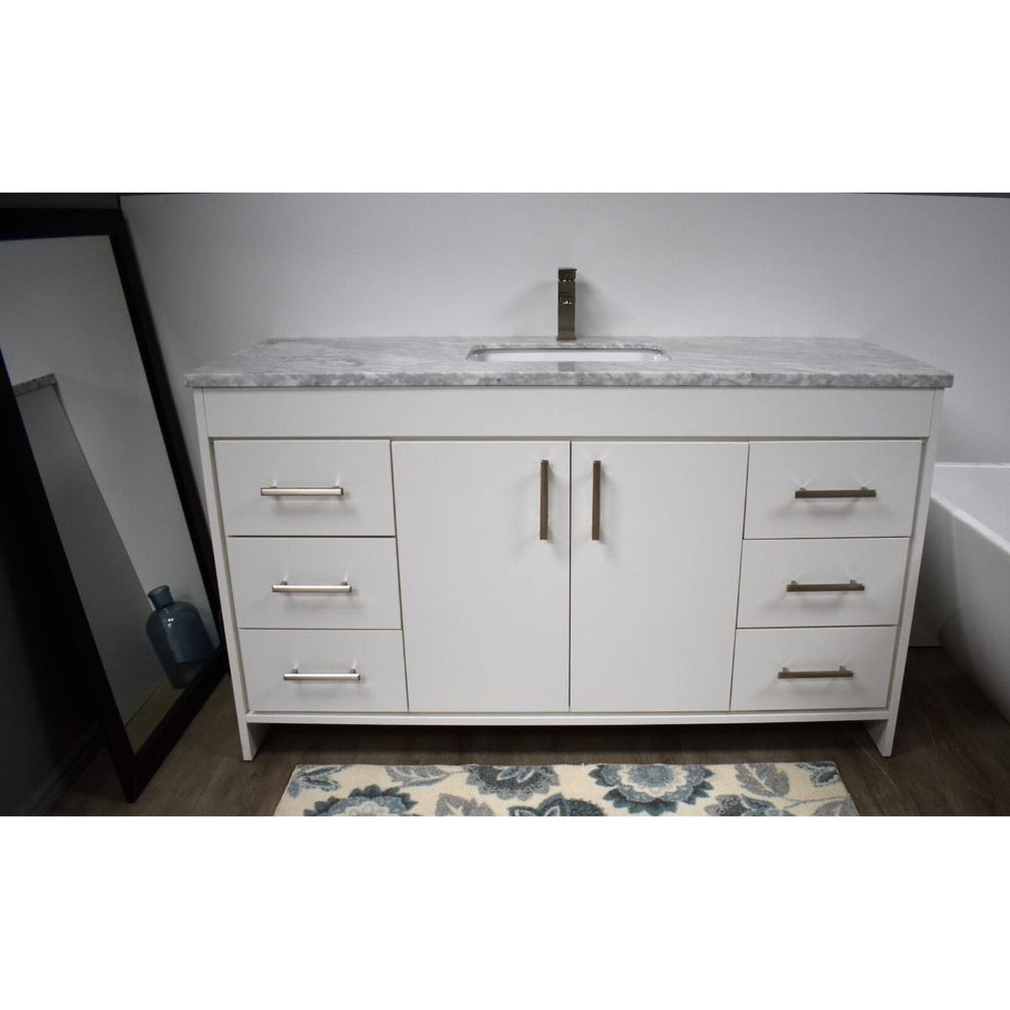 Volpa USA Capri 60" x 22" White Freestanding Modern Bathroom Vanity With Undermount Single Sink and Carrara Marble Top With Brushed Nickel Edge Handles