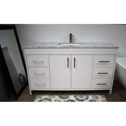 Volpa USA Capri 60" x 22" White Freestanding Modern Bathroom Vanity With Undermount Single Sink and Carrara Marble Top With Brushed Nickel Edge Handles