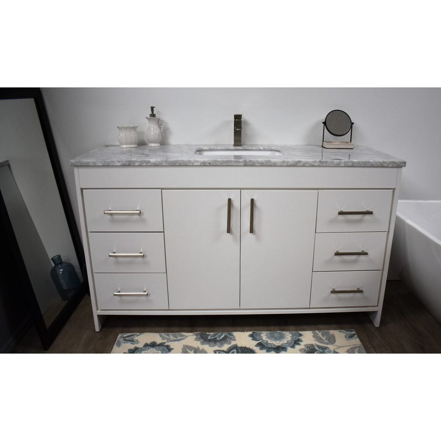 Volpa USA Capri 60" x 22" White Freestanding Modern Bathroom Vanity With Undermount Single Sink and Carrara Marble Top With Brushed Nickel Edge Handles