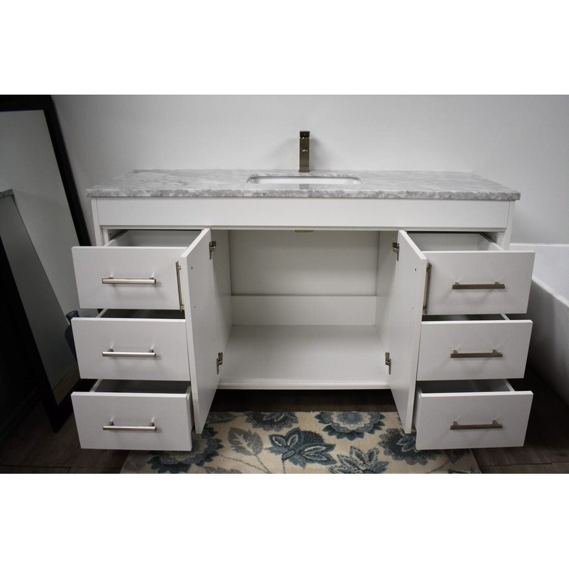 Volpa USA Capri 60" x 22" White Freestanding Modern Bathroom Vanity With Undermount Single Sink and Carrara Marble Top With Brushed Nickel Edge Handles