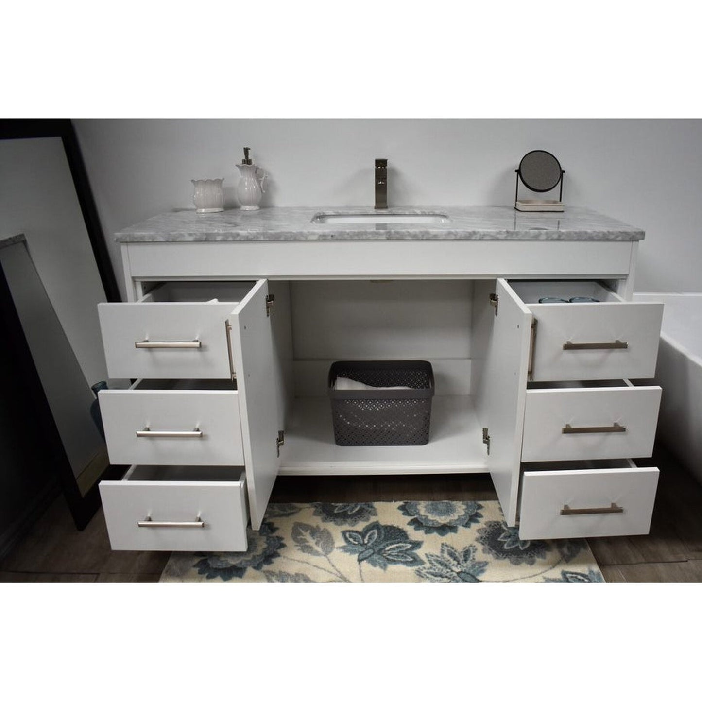 Volpa USA Capri 60" x 22" White Freestanding Modern Bathroom Vanity With Undermount Single Sink and Carrara Marble Top With Brushed Nickel Edge Handles