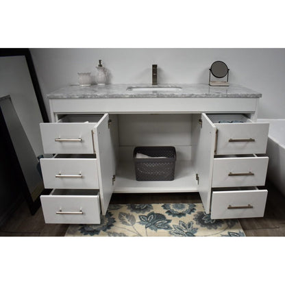 Volpa USA Capri 60" x 22" White Freestanding Modern Bathroom Vanity With Undermount Single Sink and Carrara Marble Top With Brushed Nickel Edge Handles