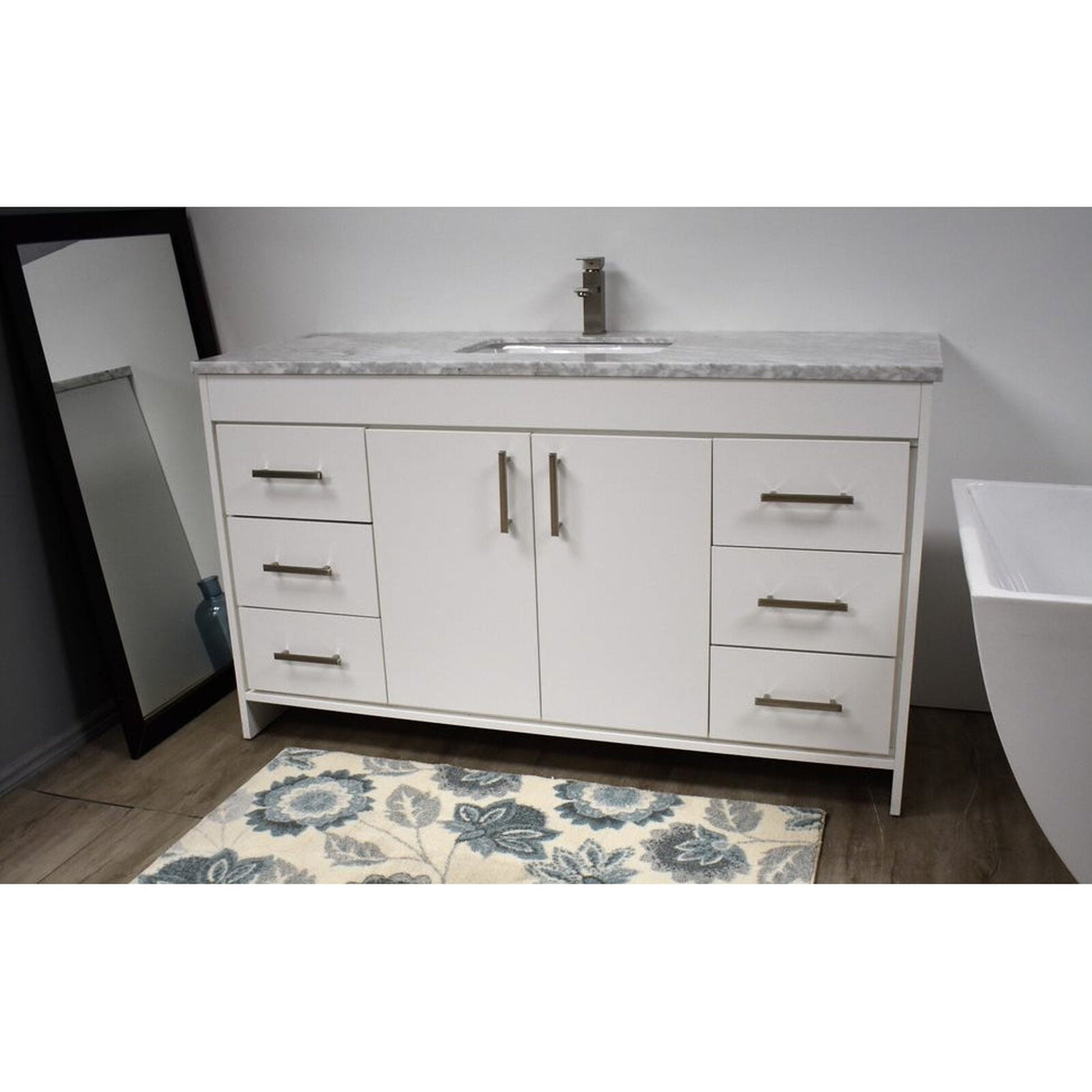 Volpa USA Capri 60" x 22" White Freestanding Modern Bathroom Vanity With Undermount Single Sink and Carrara Marble Top With Brushed Nickel Edge Handles