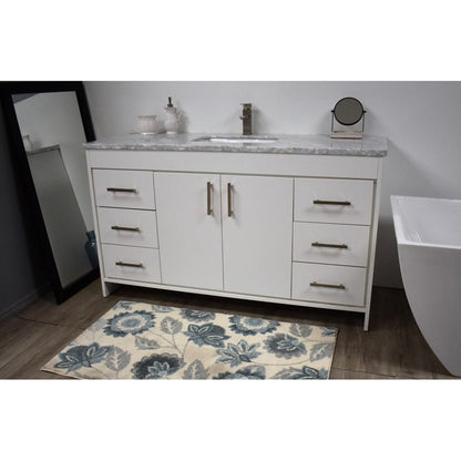 Volpa USA Capri 60" x 22" White Freestanding Modern Bathroom Vanity With Undermount Single Sink and Carrara Marble Top With Brushed Nickel Edge Handles