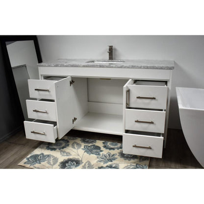 Volpa USA Capri 60" x 22" White Freestanding Modern Bathroom Vanity With Undermount Single Sink and Carrara Marble Top With Brushed Nickel Edge Handles