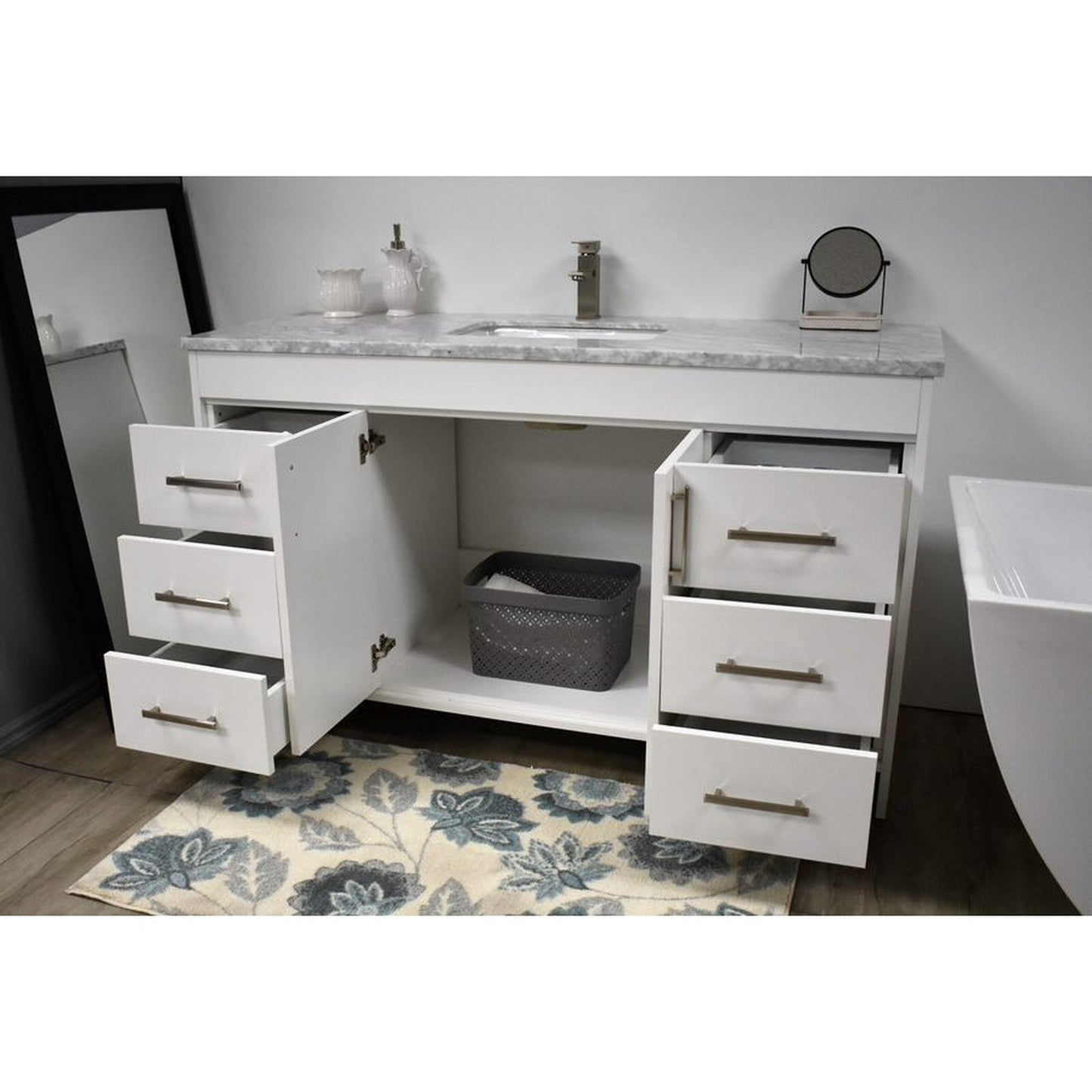 Volpa USA Capri 60" x 22" White Freestanding Modern Bathroom Vanity With Undermount Single Sink and Carrara Marble Top With Brushed Nickel Edge Handles