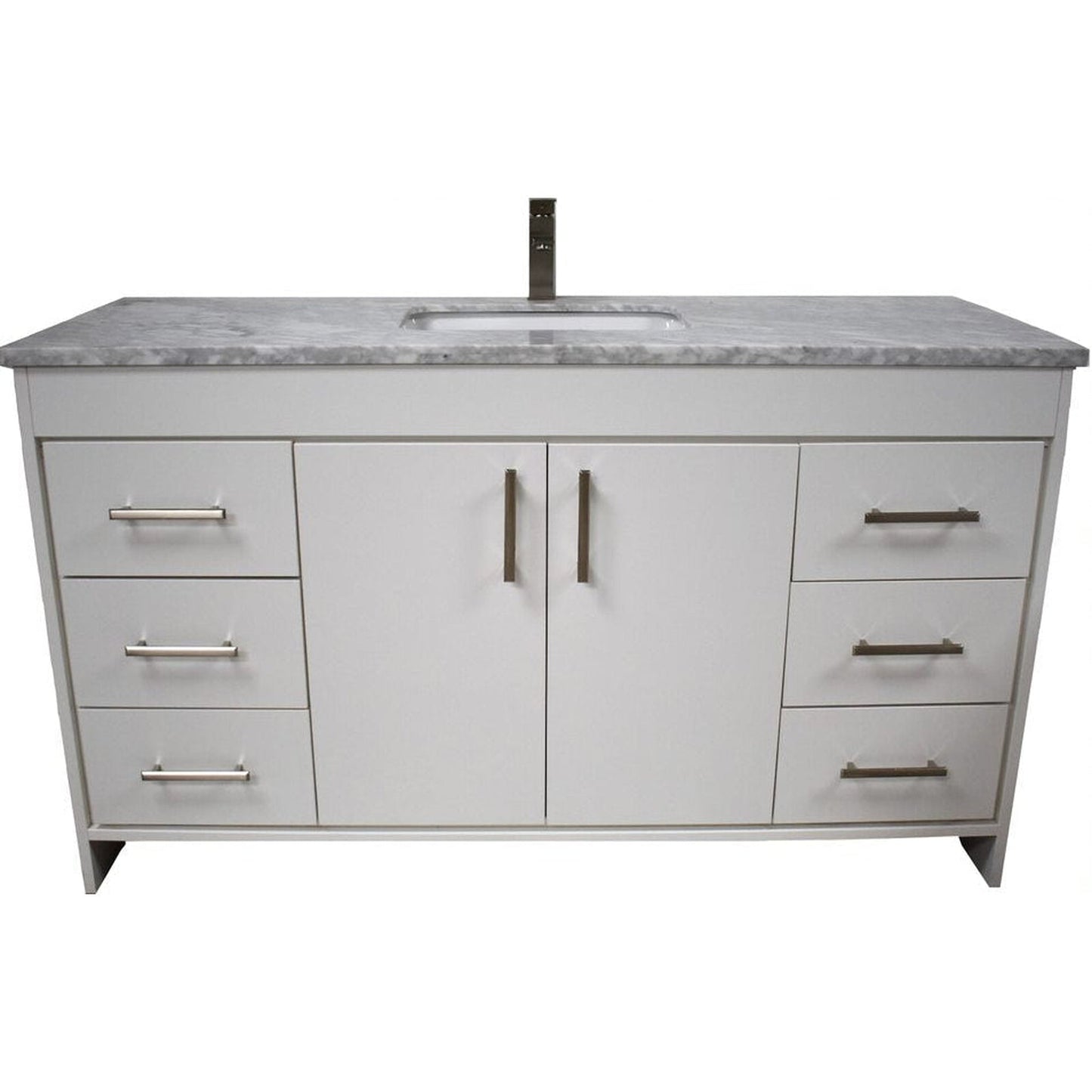 Volpa USA Capri 60" x 22" White Freestanding Modern Bathroom Vanity With Undermount Single Sink and Carrara Marble Top With Brushed Nickel Edge Handles