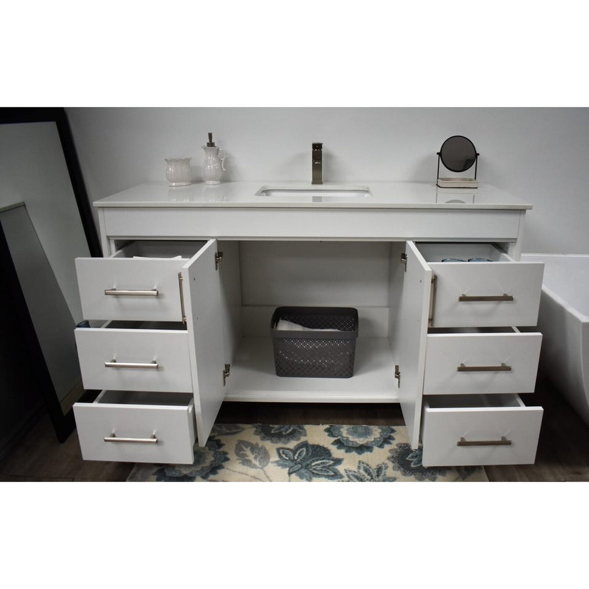 Volpa USA Capri 60" x 22" White Freestanding Modern Bathroom Vanity With Undermount Single Sink and White Microstone Top With Brushed Nickel Edge Handles