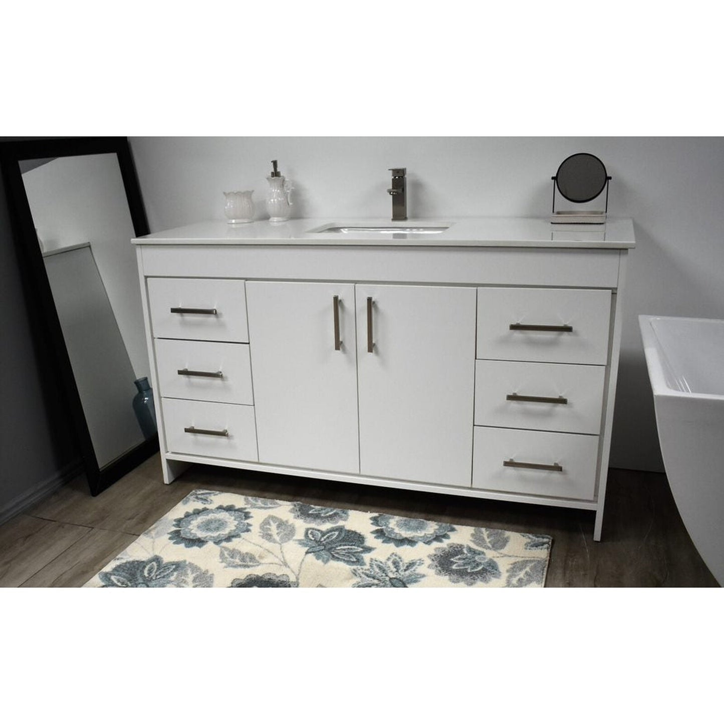 Volpa USA Capri 60" x 22" White Freestanding Modern Bathroom Vanity With Undermount Single Sink and White Microstone Top With Brushed Nickel Edge Handles