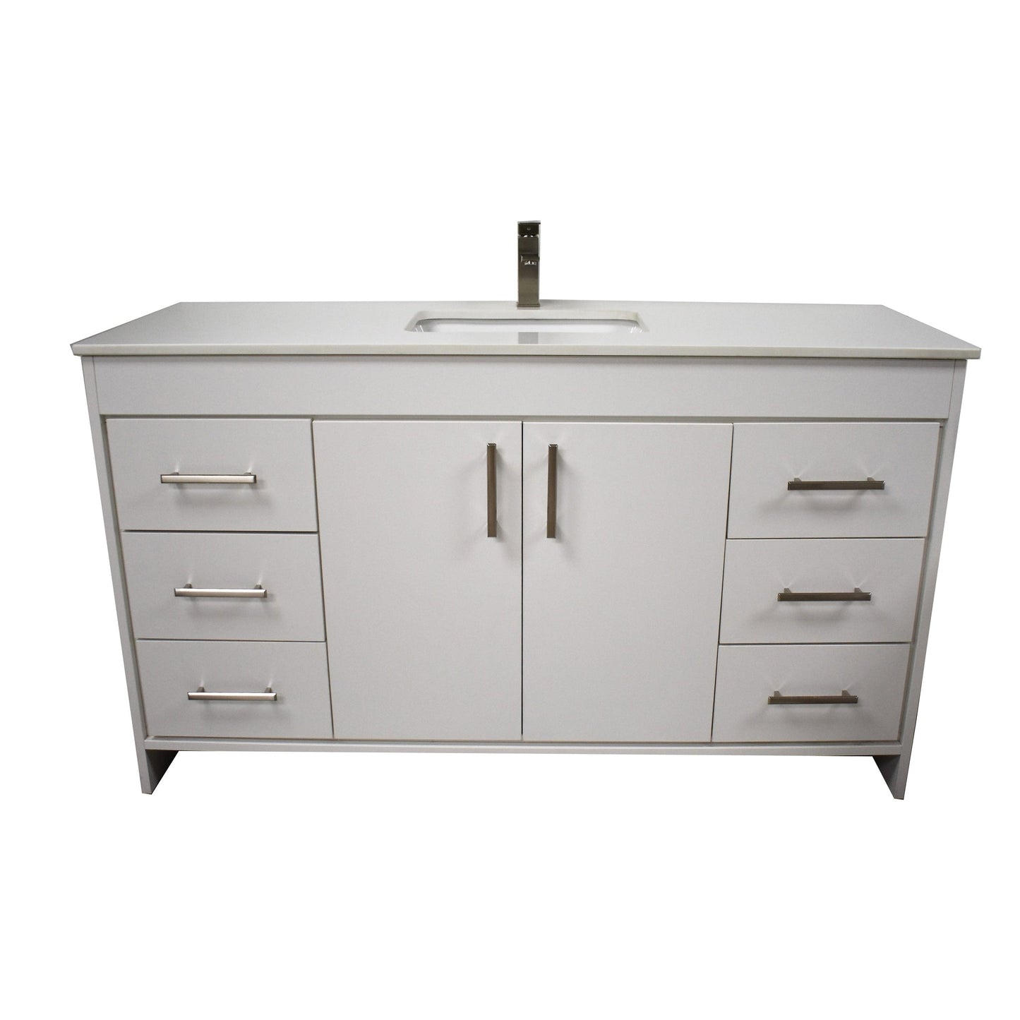 Volpa USA Capri 60" x 22" White Freestanding Modern Bathroom Vanity With Undermount Single Sink and White Microstone Top With Brushed Nickel Edge Handles