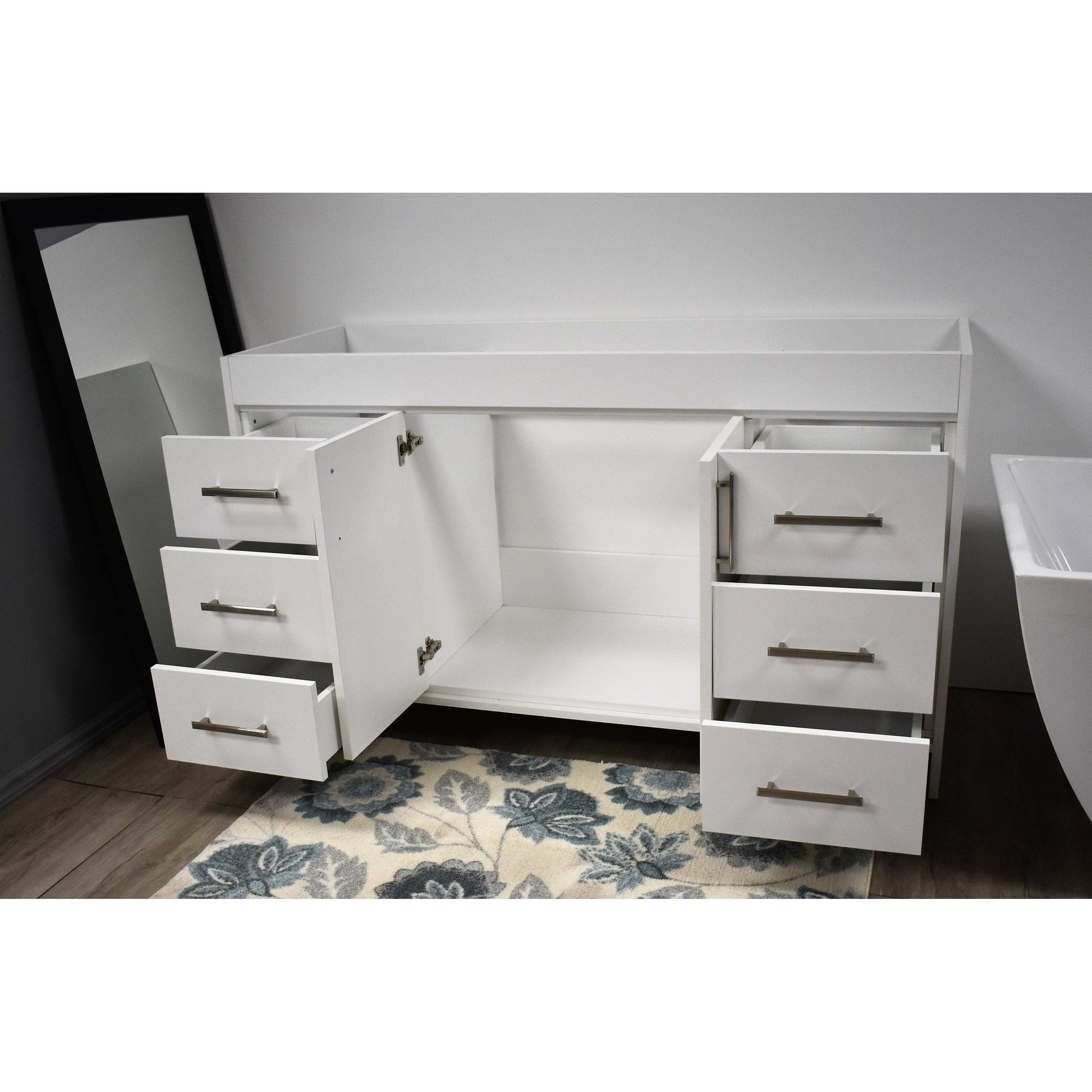 Volpa USA Capri 60" x 22" White Modern Bathroom Vanity For Single Sink With Brushed Nickel Edge Handles