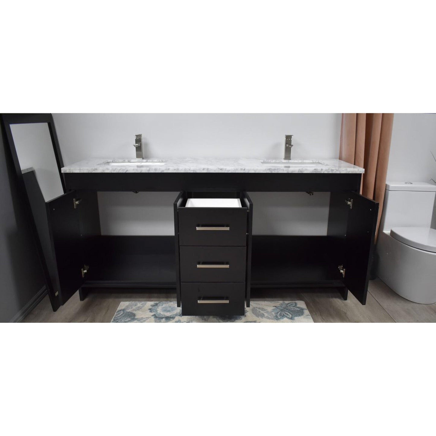 Volpa USA Capri 72" x 22" Black Freestanding Modern Bathroom Vanity With Undermount Double Sink And Carrara Marble Top With Brushed Nickel Edge Handles