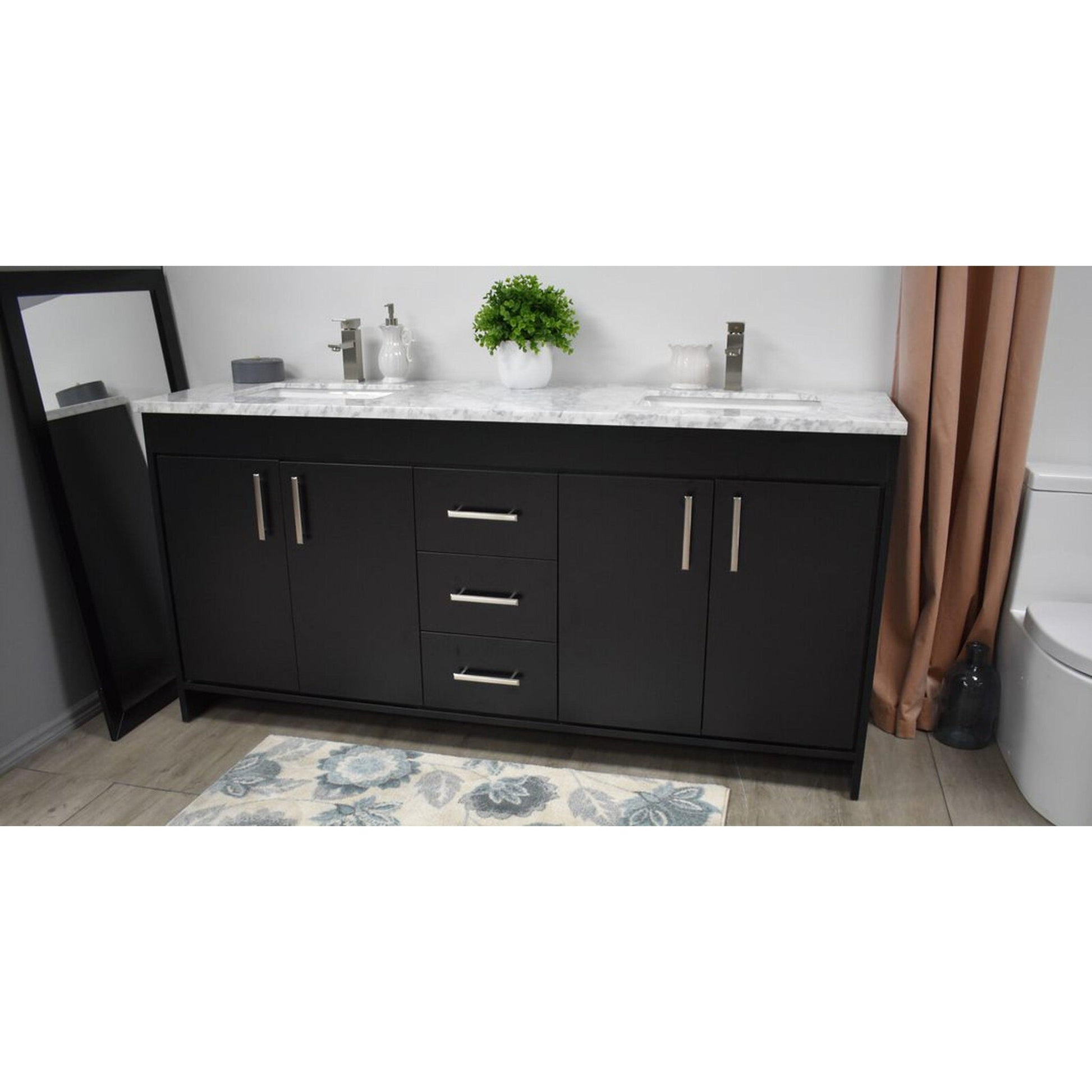 Volpa USA Capri 72" x 22" Black Freestanding Modern Bathroom Vanity With Undermount Double Sink And Carrara Marble Top With Brushed Nickel Edge Handles