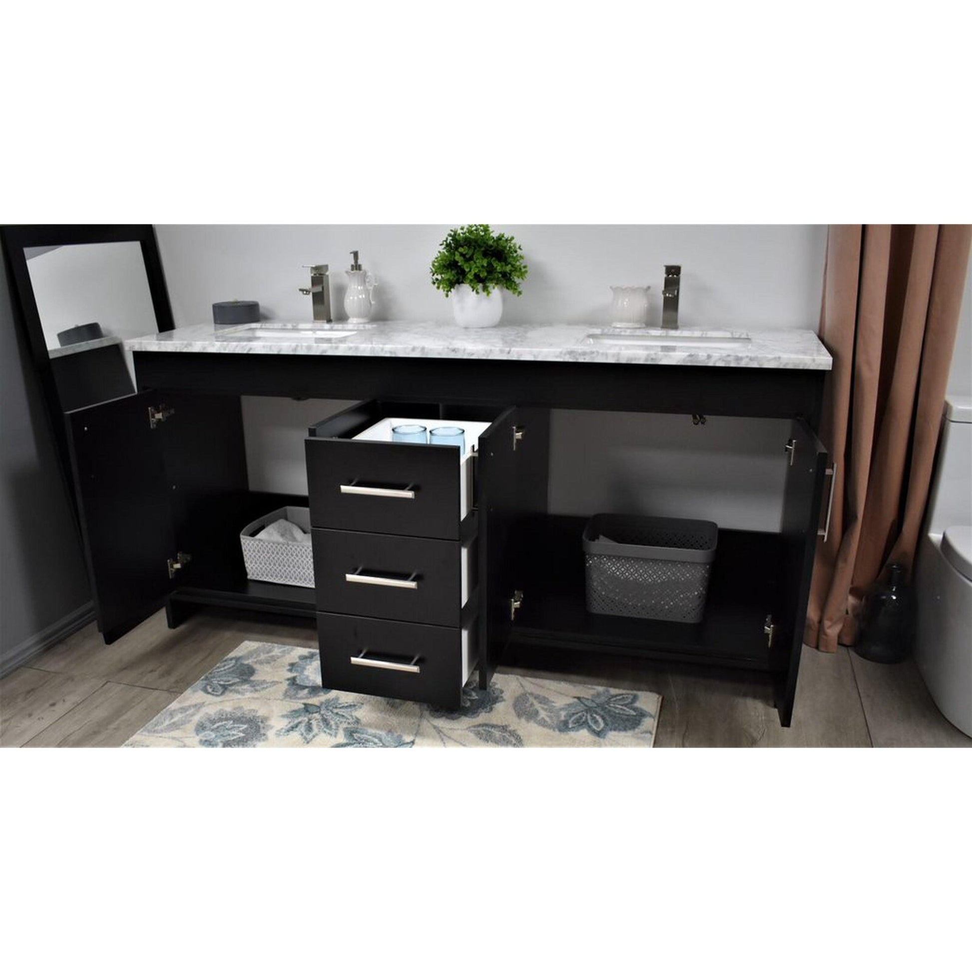 Volpa USA Capri 72" x 22" Black Freestanding Modern Bathroom Vanity With Undermount Double Sink And Carrara Marble Top With Brushed Nickel Edge Handles