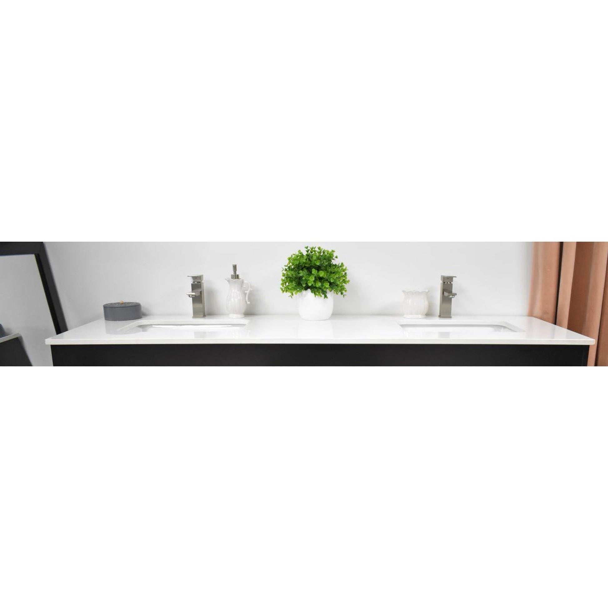 Volpa USA Capri 72" x 22" Black Freestanding Modern Bathroom Vanity With Undermount Double Sink And White Microstone Top With Brushed Nickel Edge Handles