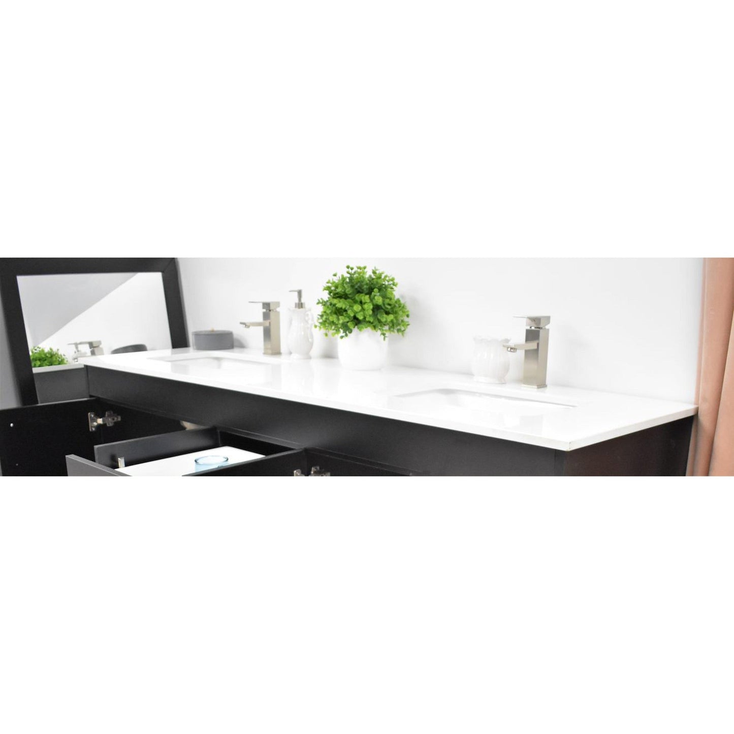 Volpa USA Capri 72" x 22" Black Freestanding Modern Bathroom Vanity With Undermount Double Sink And White Microstone Top With Brushed Nickel Edge Handles