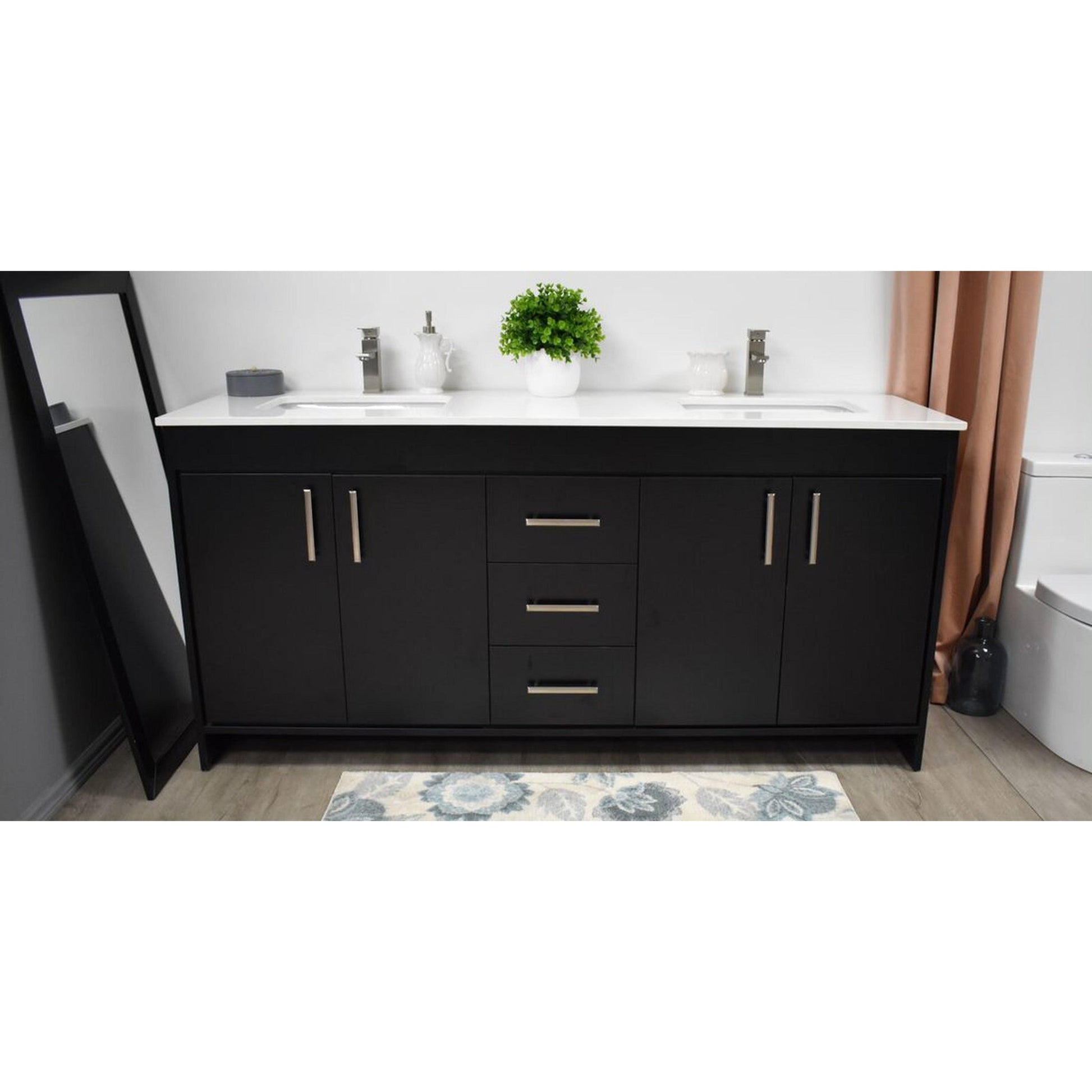 Volpa USA Capri 72" x 22" Black Freestanding Modern Bathroom Vanity With Undermount Double Sink And White Microstone Top With Brushed Nickel Edge Handles