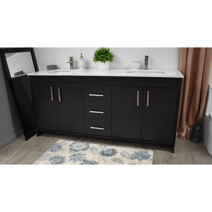 Volpa USA Capri 72" x 22" Black Freestanding Modern Bathroom Vanity With Undermount Double Sink And White Microstone Top With Brushed Nickel Edge Handles