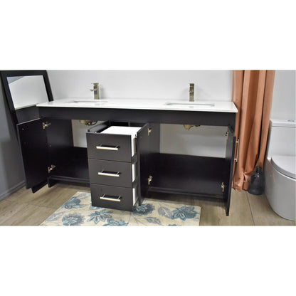 Volpa USA Capri 72" x 22" Black Freestanding Modern Bathroom Vanity With Undermount Double Sink And White Microstone Top With Brushed Nickel Edge Handles