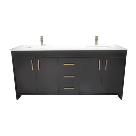 Volpa USA Capri 72" x 22" Black Freestanding Modern Bathroom Vanity With Undermount Double Sink And White Microstone Top With Brushed Nickel Edge Handles