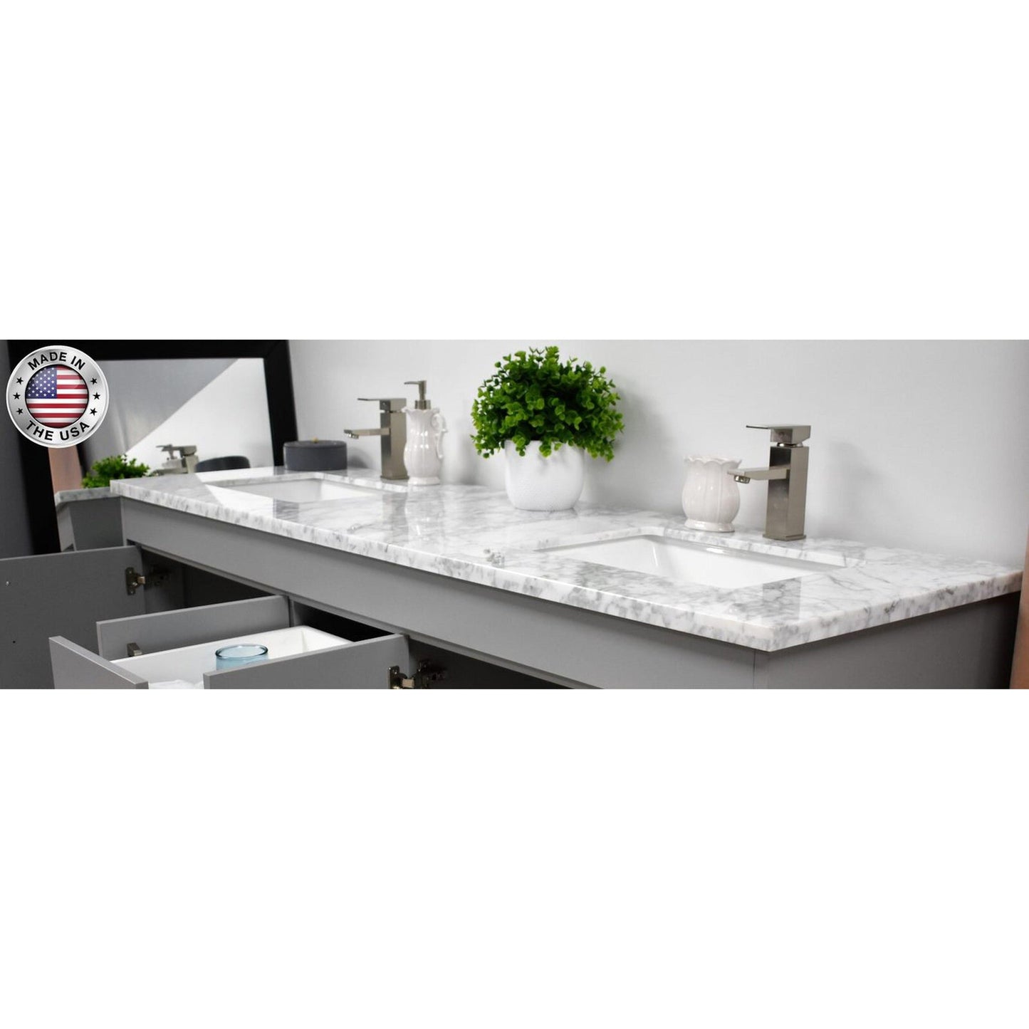 Volpa USA Capri 72" x 22" Gray Freestanding Modern Bathroom Vanity With Undermount Double Sink And Carrara Marble Top With Brushed Nickel Edge Handles