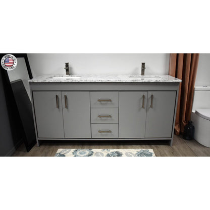 Volpa USA Capri 72" x 22" Gray Freestanding Modern Bathroom Vanity With Undermount Double Sink And Carrara Marble Top With Brushed Nickel Edge Handles