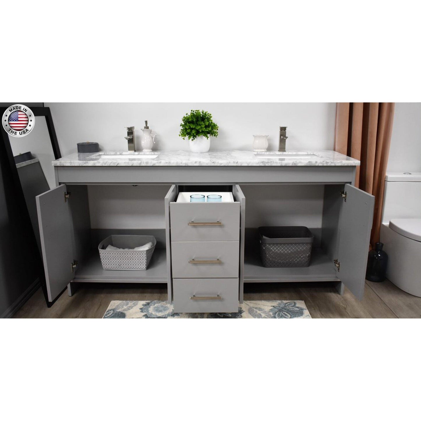 Volpa USA Capri 72" x 22" Gray Freestanding Modern Bathroom Vanity With Undermount Double Sink And Carrara Marble Top With Brushed Nickel Edge Handles