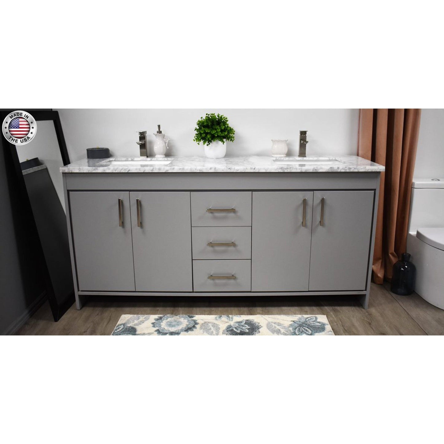 Volpa USA Capri 72" x 22" Gray Freestanding Modern Bathroom Vanity With Undermount Double Sink And Carrara Marble Top With Brushed Nickel Edge Handles