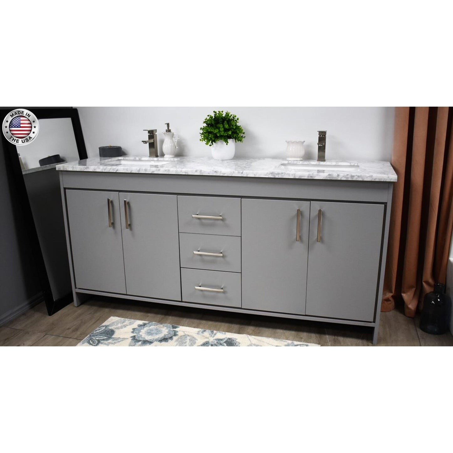 Volpa USA Capri 72" x 22" Gray Freestanding Modern Bathroom Vanity With Undermount Double Sink And Carrara Marble Top With Brushed Nickel Edge Handles