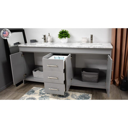 Volpa USA Capri 72" x 22" Gray Freestanding Modern Bathroom Vanity With Undermount Double Sink And Carrara Marble Top With Brushed Nickel Edge Handles