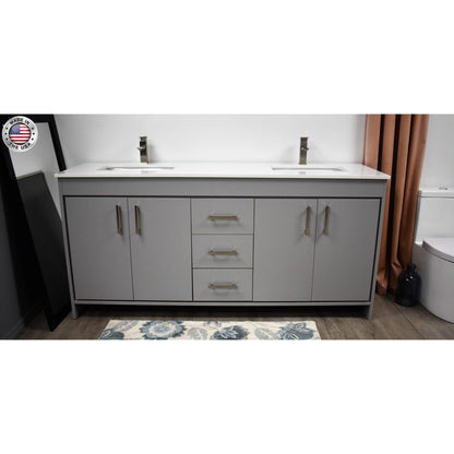 Volpa USA Capri 72" x 22" Gray Freestanding Modern Bathroom Vanity With Undermount Double Sink And White Microstone Top With Brushed Nickel Edge Handles