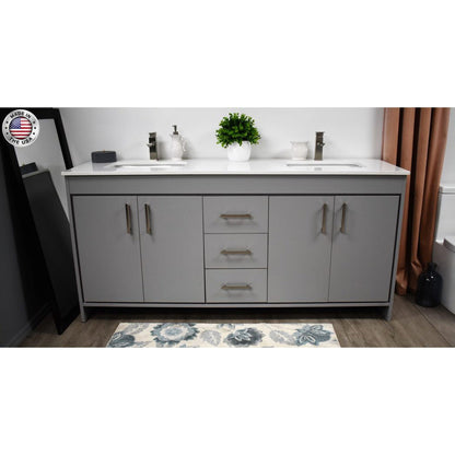 Volpa USA Capri 72" x 22" Gray Freestanding Modern Bathroom Vanity With Undermount Double Sink And White Microstone Top With Brushed Nickel Edge Handles