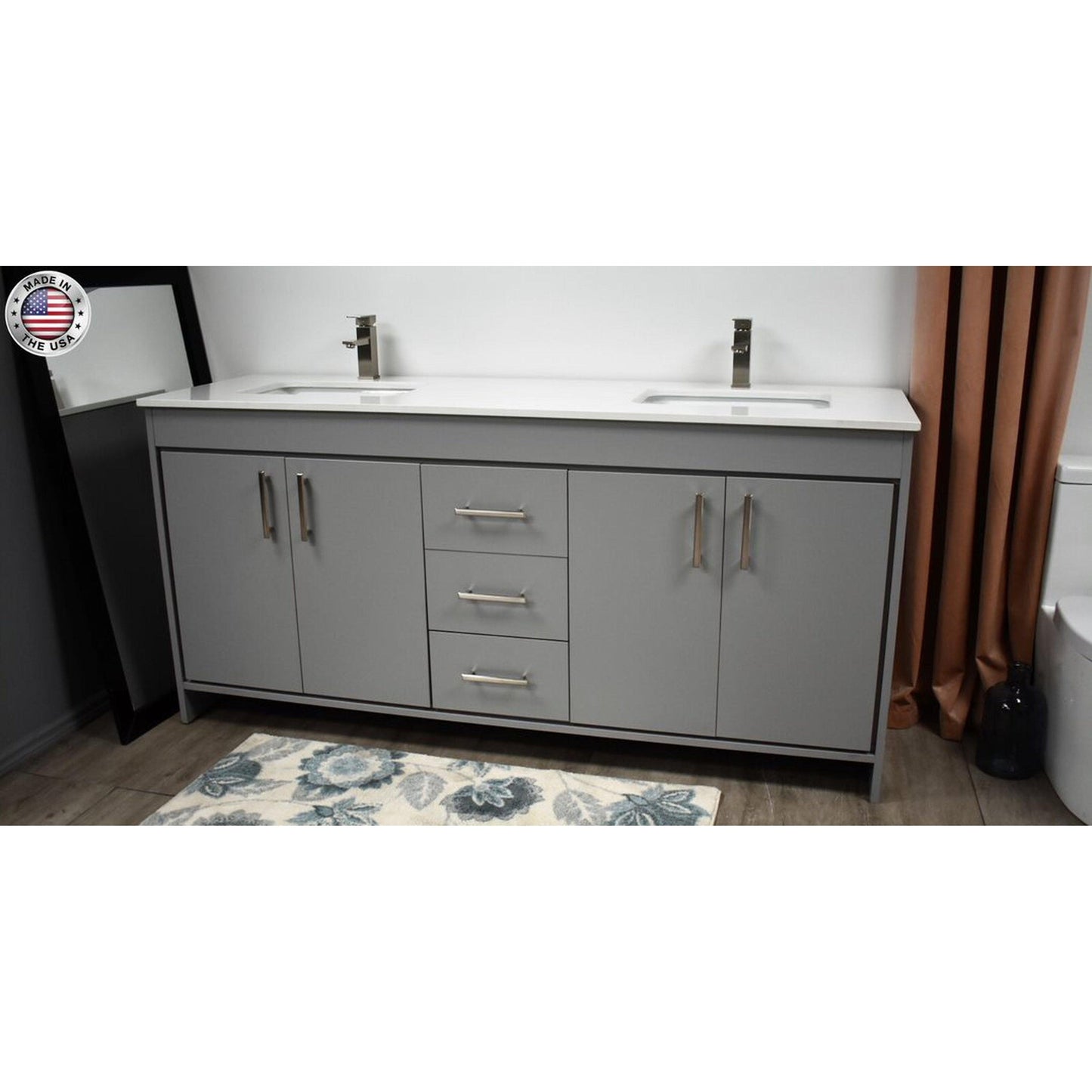 Volpa USA Capri 72" x 22" Gray Freestanding Modern Bathroom Vanity With Undermount Double Sink And White Microstone Top With Brushed Nickel Edge Handles