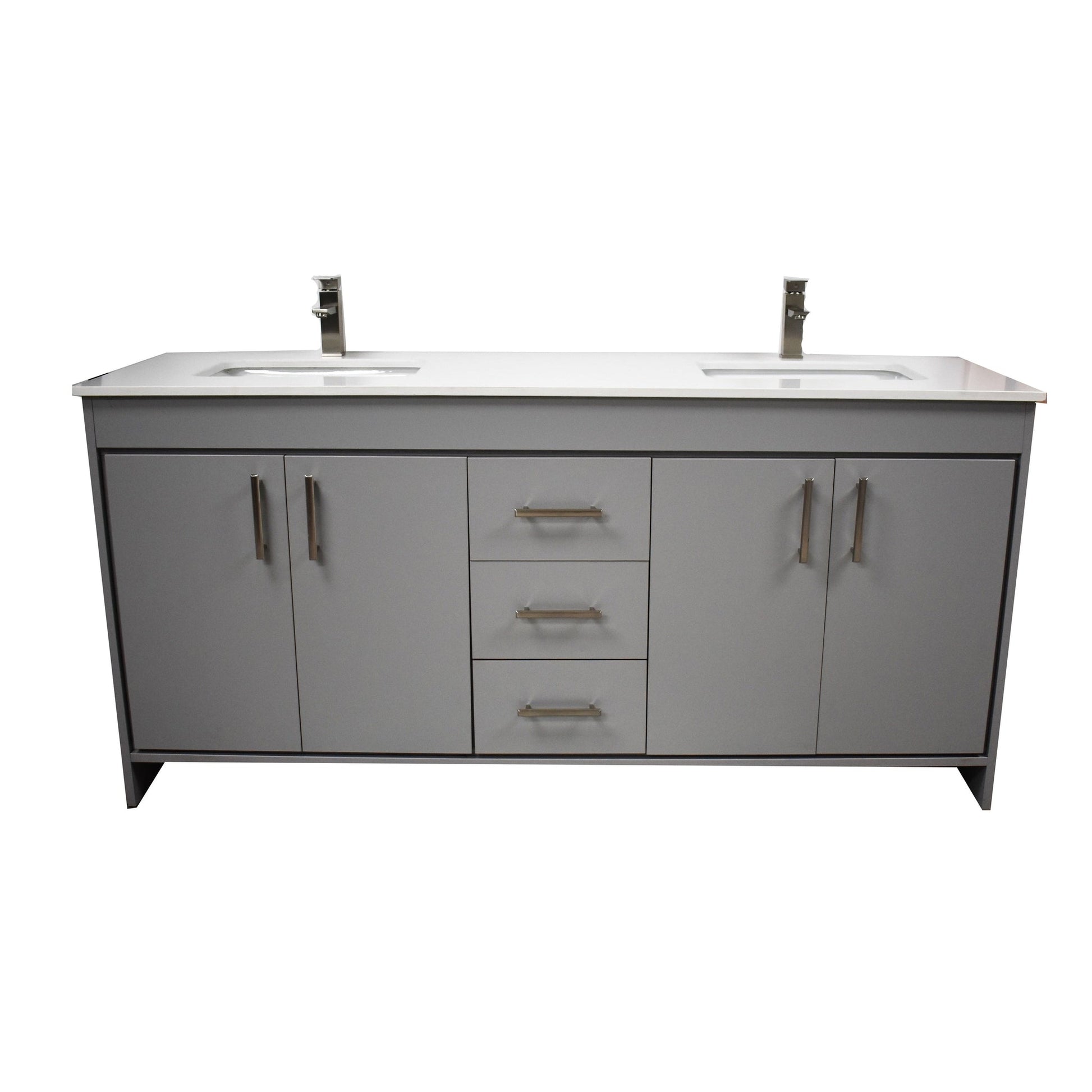 Volpa USA Capri 72" x 22" Gray Freestanding Modern Bathroom Vanity With Undermount Double Sink And White Microstone Top With Brushed Nickel Edge Handles