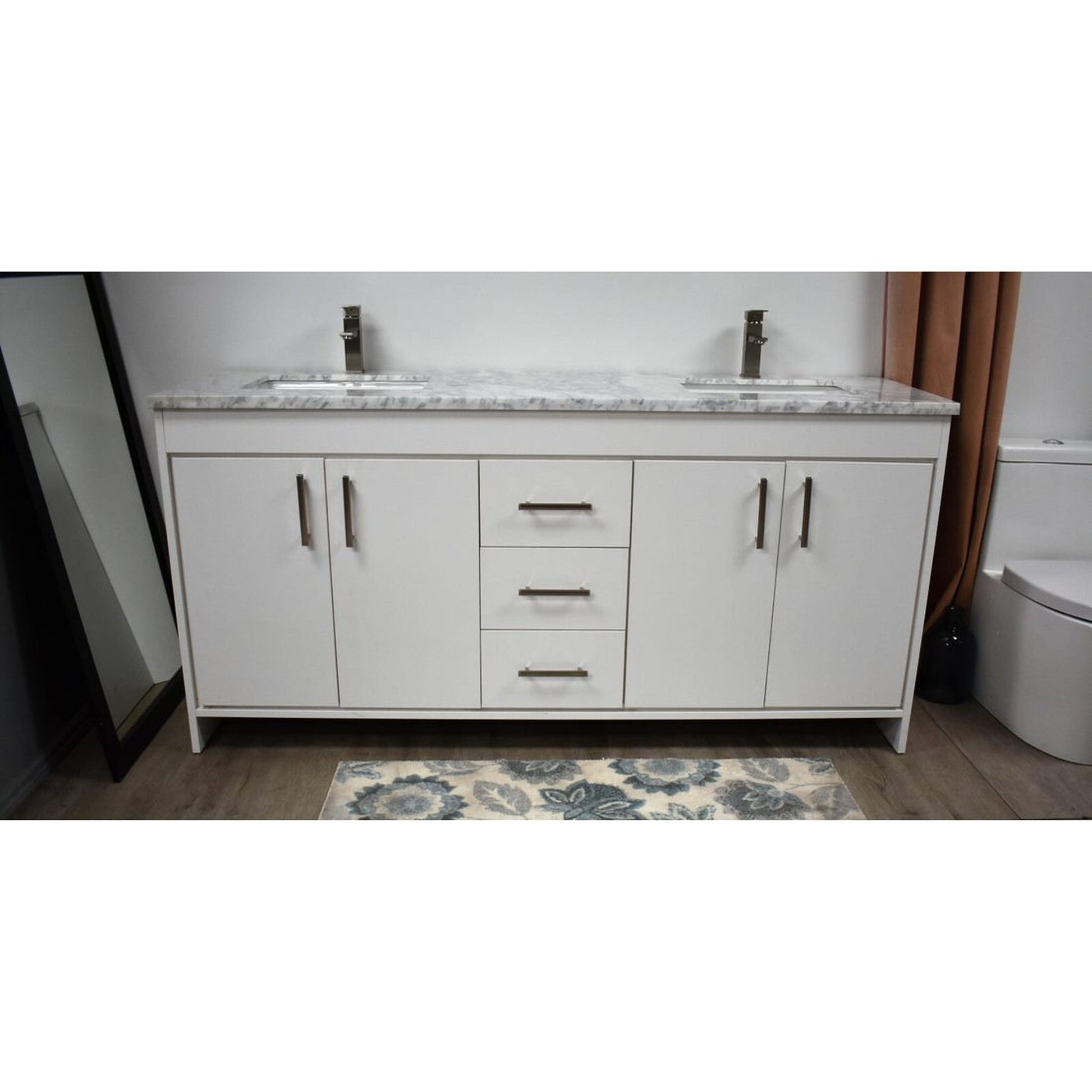 Volpa USA Capri 72" x 22" White Freestanding Modern Bathroom Vanity With Undermount Double Sink And Carrara Marble Top With Brushed Nickel Edge Handles