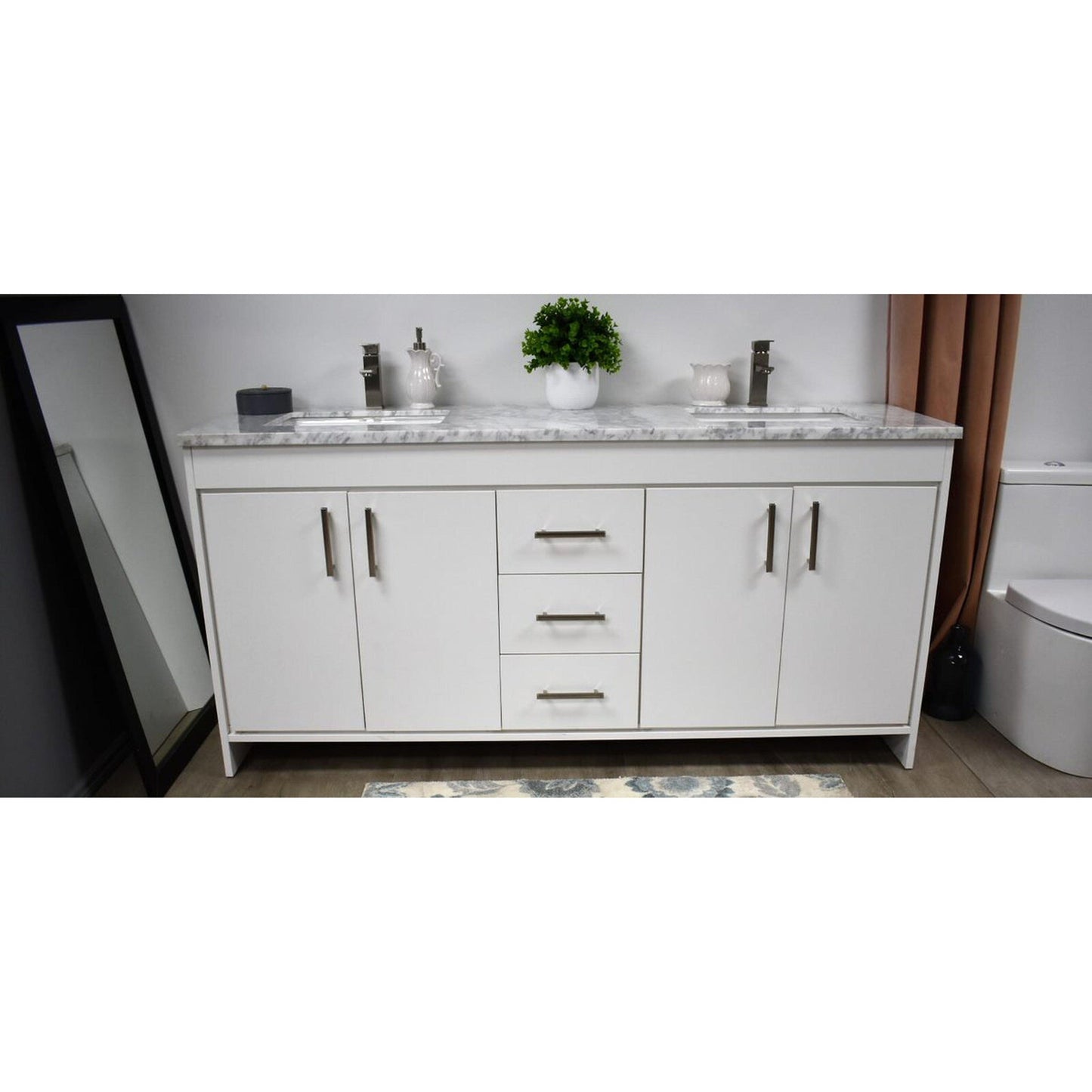 Volpa USA Capri 72" x 22" White Freestanding Modern Bathroom Vanity With Undermount Double Sink And Carrara Marble Top With Brushed Nickel Edge Handles