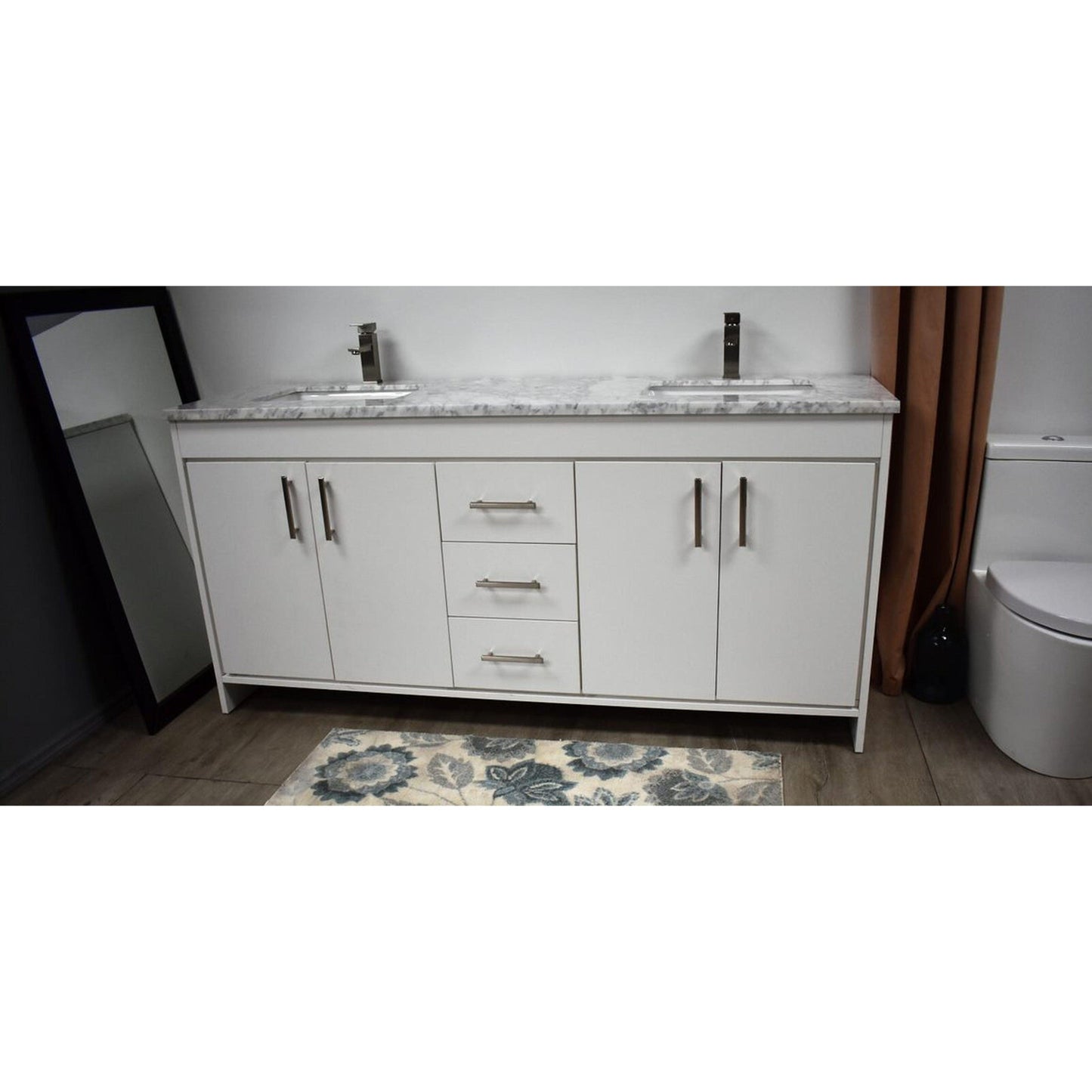 Volpa USA Capri 72" x 22" White Freestanding Modern Bathroom Vanity With Undermount Double Sink And Carrara Marble Top With Brushed Nickel Edge Handles