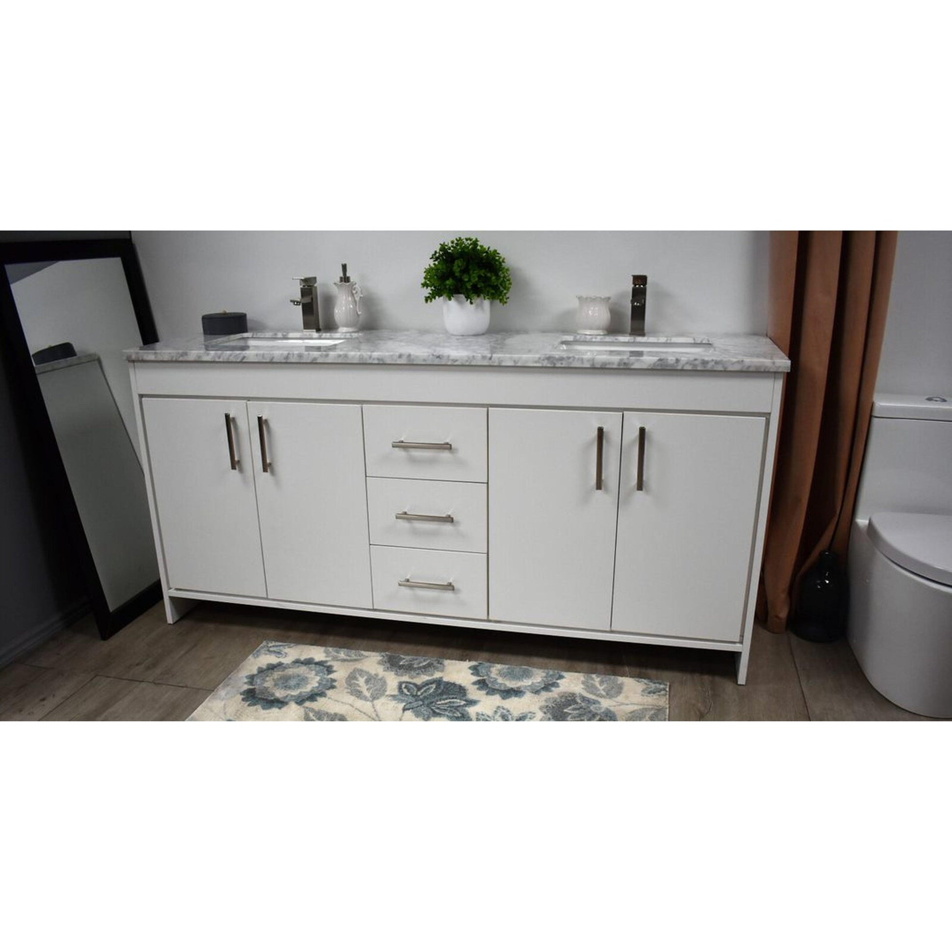 Volpa USA Capri 72" x 22" White Freestanding Modern Bathroom Vanity With Undermount Double Sink And Carrara Marble Top With Brushed Nickel Edge Handles