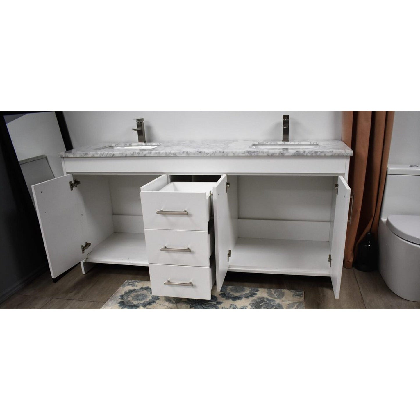 Volpa USA Capri 72" x 22" White Freestanding Modern Bathroom Vanity With Undermount Double Sink And Carrara Marble Top With Brushed Nickel Edge Handles