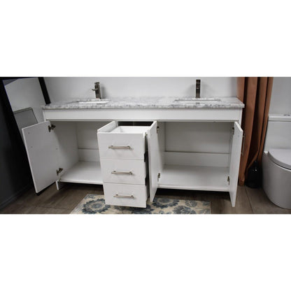 Volpa USA Capri 72" x 22" White Freestanding Modern Bathroom Vanity With Undermount Double Sink And Carrara Marble Top With Brushed Nickel Edge Handles