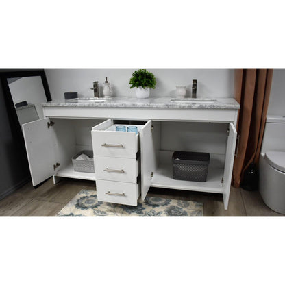Volpa USA Capri 72" x 22" White Freestanding Modern Bathroom Vanity With Undermount Double Sink And Carrara Marble Top With Brushed Nickel Edge Handles
