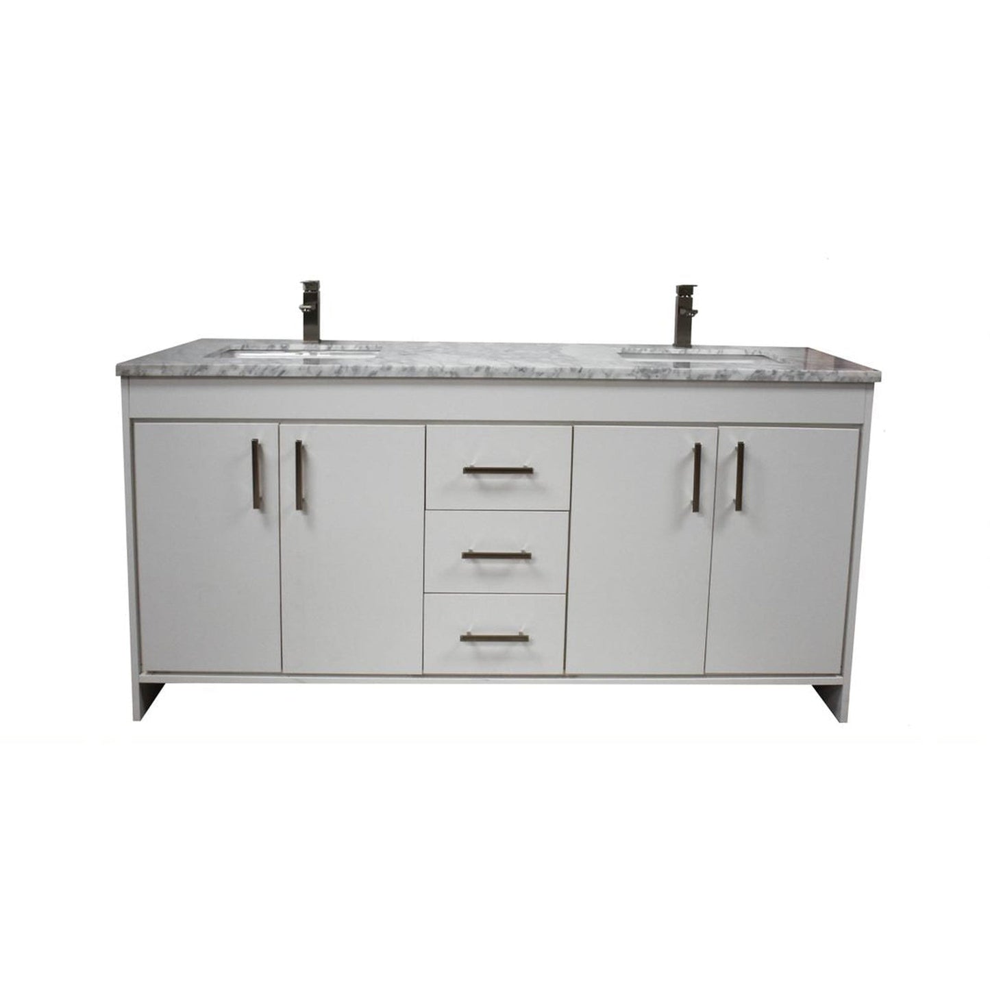 Volpa USA Capri 72" x 22" White Freestanding Modern Bathroom Vanity With Undermount Double Sink And Carrara Marble Top With Brushed Nickel Edge Handles