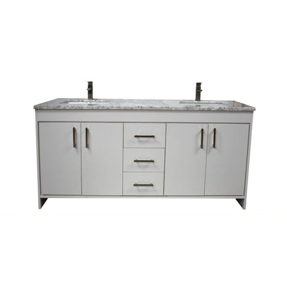 Volpa USA Capri 72" x 22" White Freestanding Modern Bathroom Vanity With Undermount Double Sink And Carrara Marble Top With Brushed Nickel Edge Handles