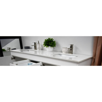 Volpa USA Capri 72" x 22" White Freestanding Modern Bathroom Vanity With White Microstone Top Undermount Double Sink and Brushed Nickel Edge Handles