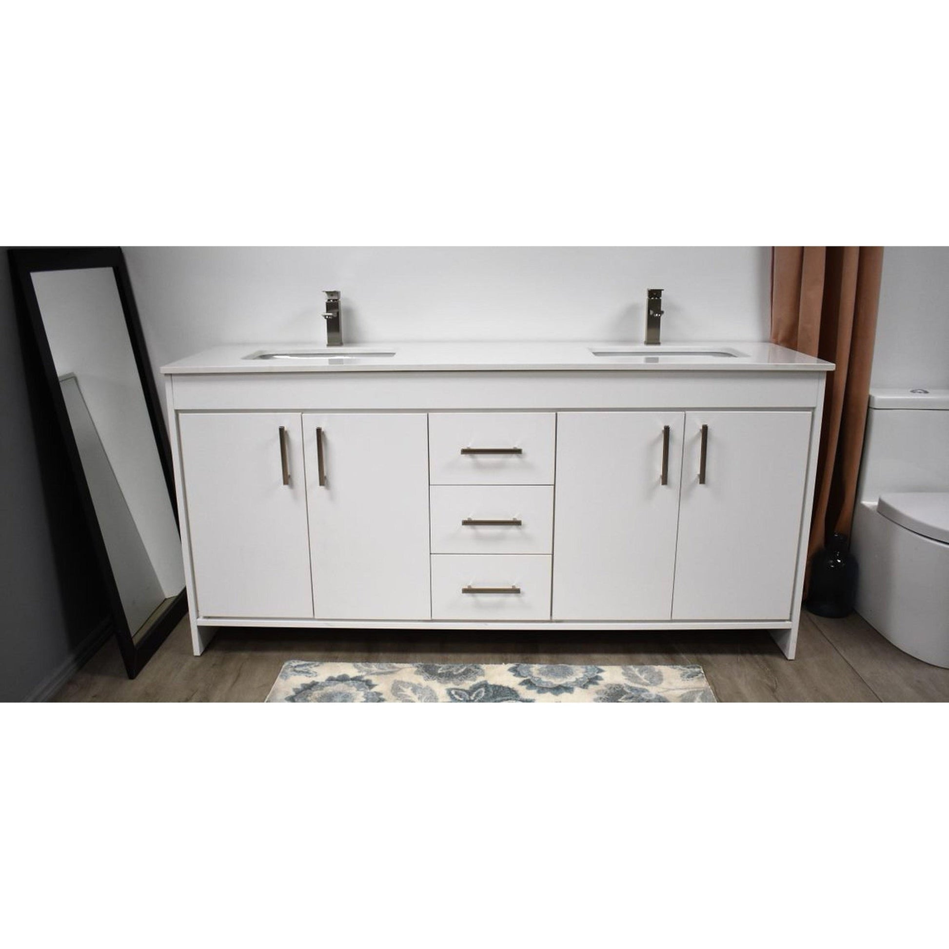 Volpa USA Capri 72" x 22" White Freestanding Modern Bathroom Vanity With White Microstone Top Undermount Double Sink and Brushed Nickel Edge Handles