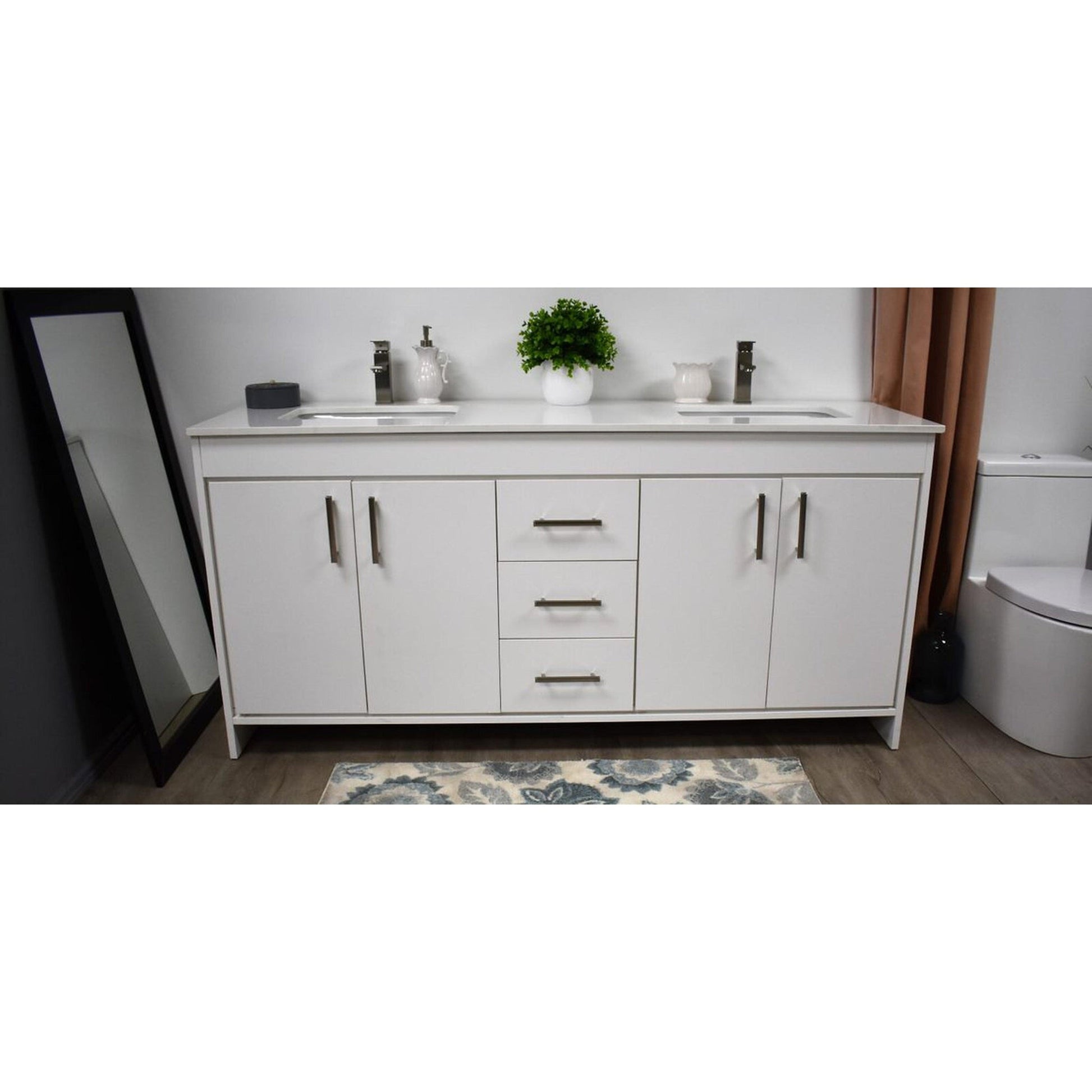 Volpa USA Capri 72" x 22" White Freestanding Modern Bathroom Vanity With White Microstone Top Undermount Double Sink and Brushed Nickel Edge Handles