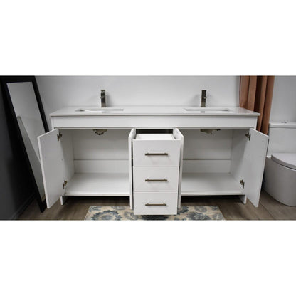 Volpa USA Capri 72" x 22" White Freestanding Modern Bathroom Vanity With White Microstone Top Undermount Double Sink and Brushed Nickel Edge Handles