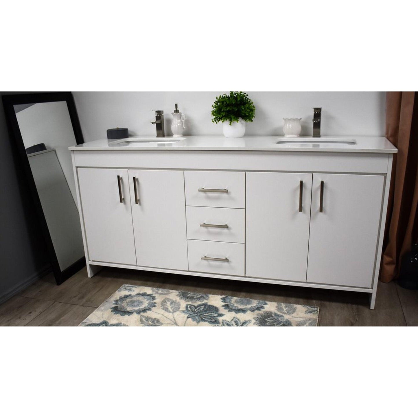 Volpa USA Capri 72" x 22" White Freestanding Modern Bathroom Vanity With White Microstone Top Undermount Double Sink and Brushed Nickel Edge Handles